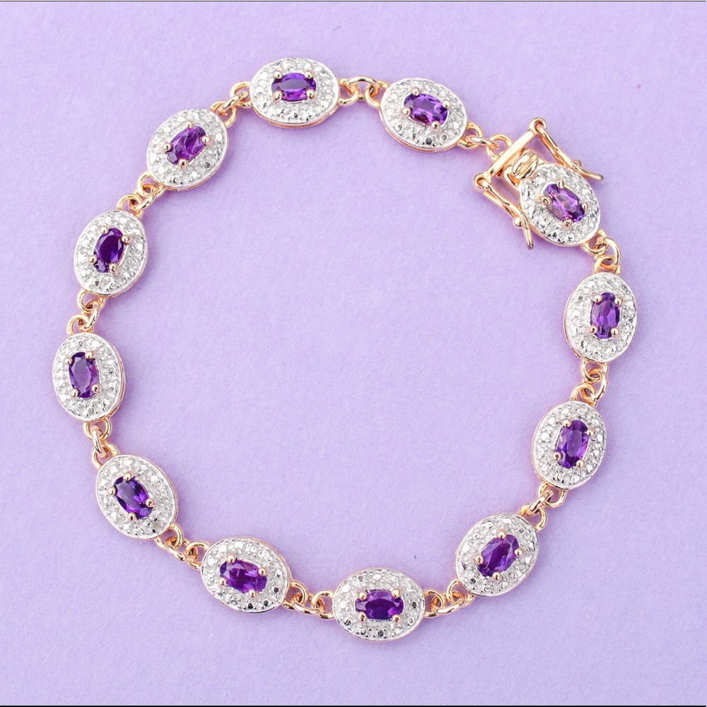 Amethyst and Diamond 18kt Gold Over Silver Bracele